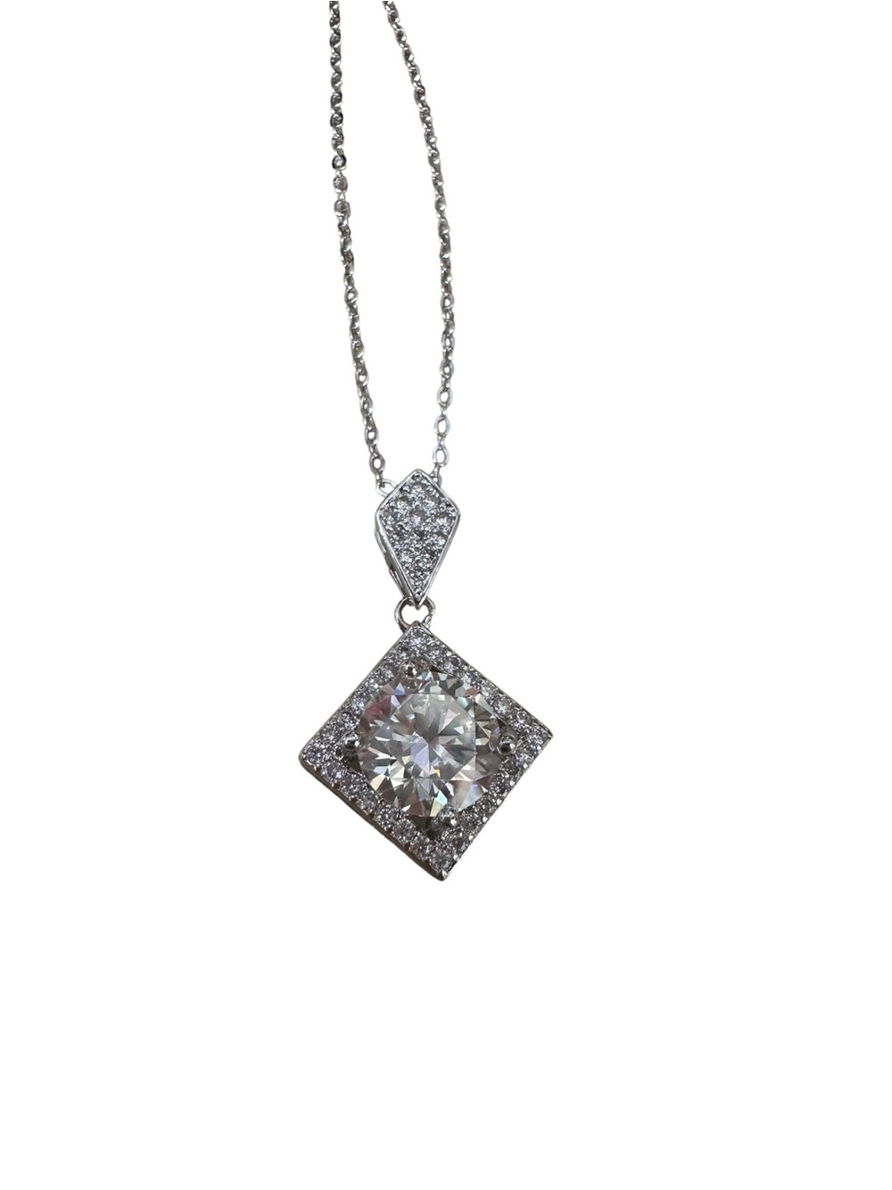 Silver-Tone Square Halo Pendant Necklace with Clear Stone with GRA 3.0 CT